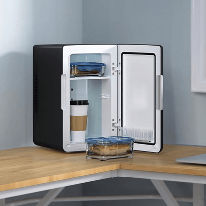 Portable mini fridge with 6L capacity featuring cooling and warming functions, ideal for skincare products, perfect for bedroom use and travel. 0