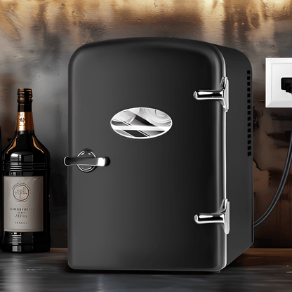 Portable mini fridge with cooling and warming functions, featuring a compact retro design, perfect for storing skincare essentials in the bedroom. 0