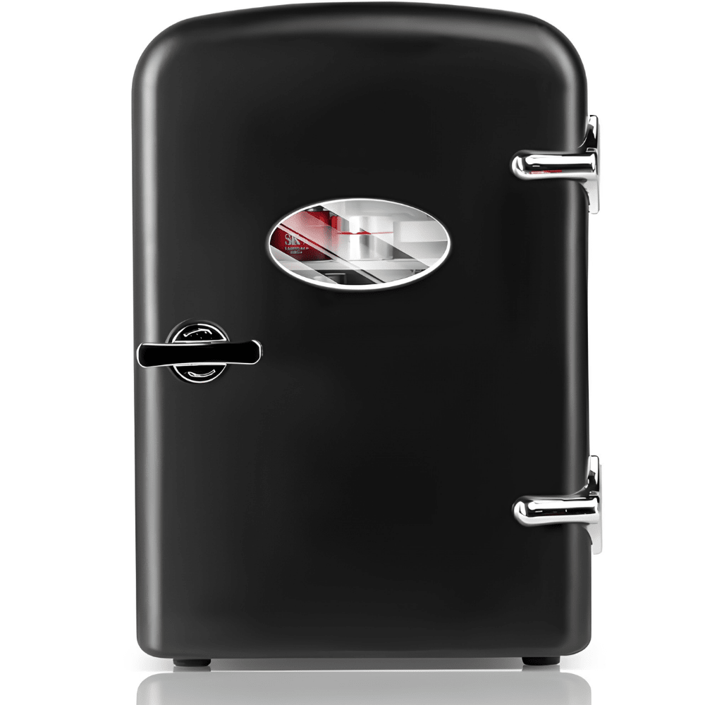 Portable mini fridge with cooling and warming functions, featuring a compact retro design, perfect for storing skincare essentials in the bedroom. 4