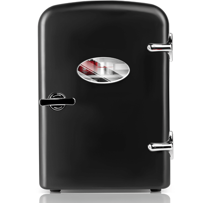 Portable mini fridge with cooling and warming functions, featuring a compact retro design, perfect for storing skincare essentials in the bedroom. 4