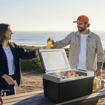 Portable Mini Fridge with Freezer Function and App Control, 19 Quart Compact Car Cooler ideal for travel and outdoor use, featuring a sleek design and 1