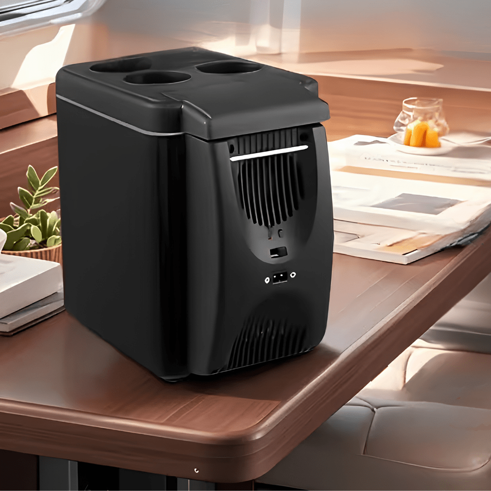 Portable mini fridge with semiconductor cooling technology, designed for travel and outdoor use, showcasing a compact size ideal for car cooling and convenience. 0