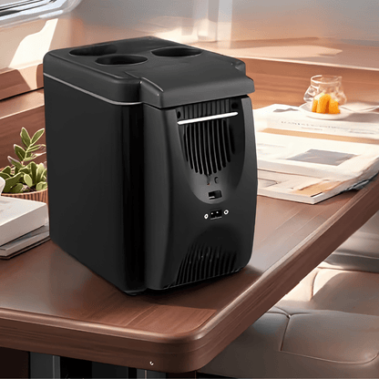Portable mini fridge with semiconductor cooling technology, designed for travel and outdoor use, showcasing a compact size ideal for car cooling and convenience. 0