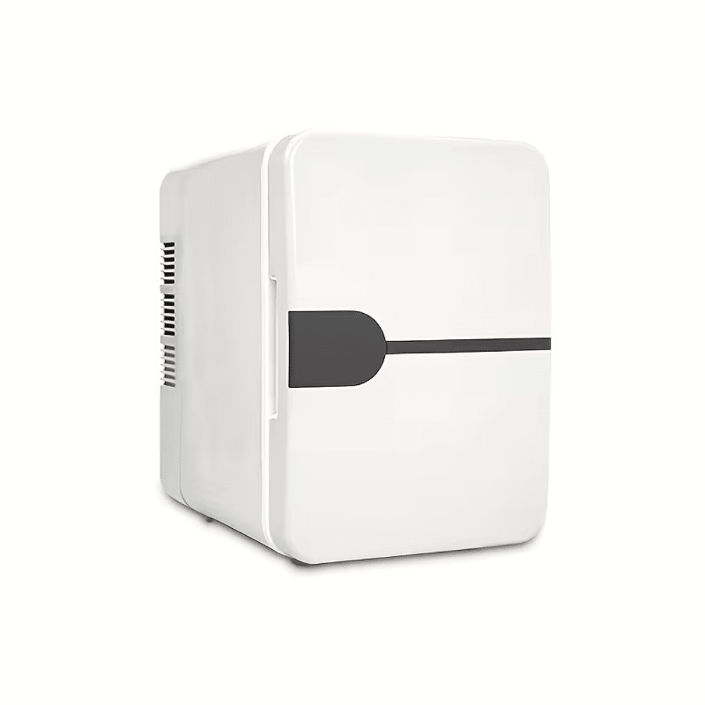 Portable Mini Fridge with USB-Powered Cooling, compact glossy design perfect for home and travel, ideal for keeping drinks and snacks cool on the go. 3