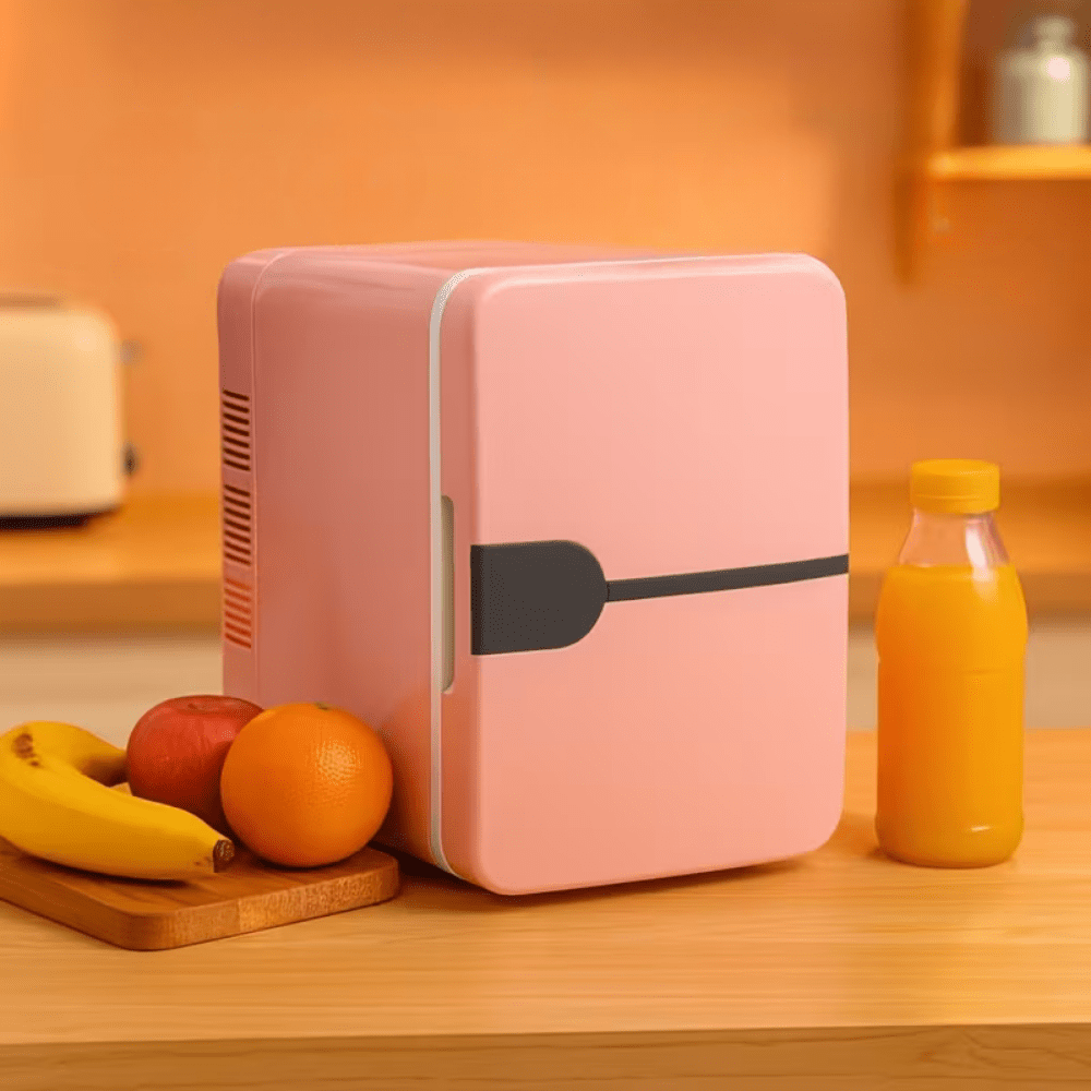 Portable Mini Fridge with USB-Powered Cooling, compact glossy design perfect for home and travel, ideal for keeping drinks and snacks cool on the go. 4