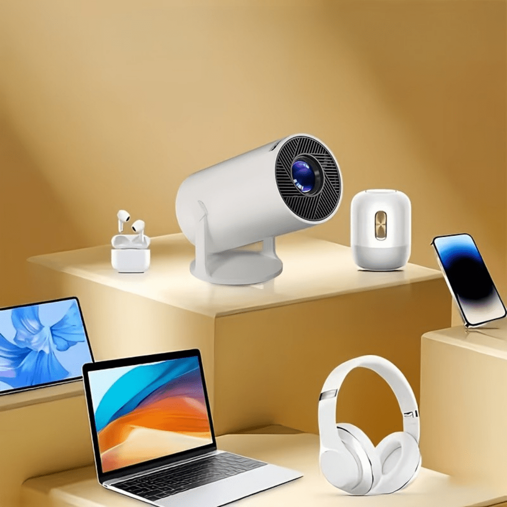 Portable Mini Projector featuring 1080P HD resolution and 4K support, designed for wireless Bluetooth connectivity, ideal for home entertainment and travel use 1