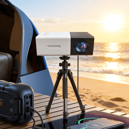 Portable Mini Projector featuring 1080P support, built-in speaker, and compact design, ideal for home entertainment and travel use. 2