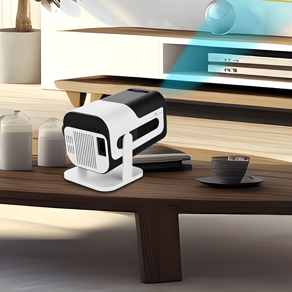 Portable Mini Projector featuring 1080P resolution and wireless connectivity, designed for home and outdoor use with a compact and sleek design. 0