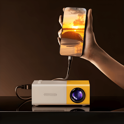 Portable mini projector featuring 720P HD resolution, USB connectivity, and a compact design, perfect for home entertainment and outdoor movie nights. 5