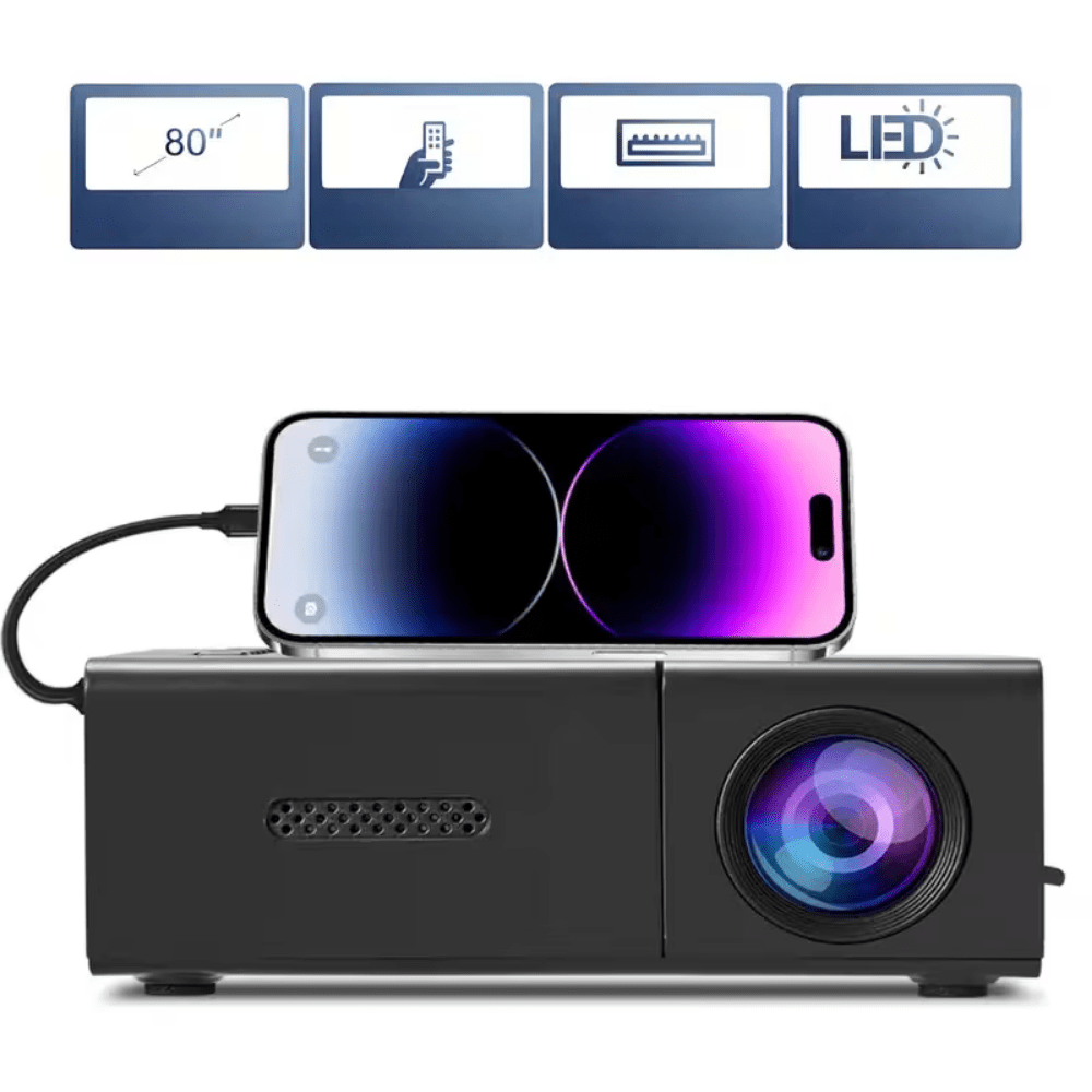 Portable mini projector featuring 720P HD resolution, USB connectivity, and a compact design, perfect for home entertainment and outdoor movie nights. 4