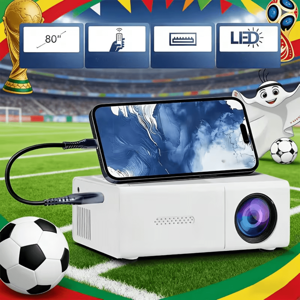 Portable mini projector featuring 720P HD resolution, USB connectivity, and a compact design, perfect for home entertainment and outdoor movie nights. 0