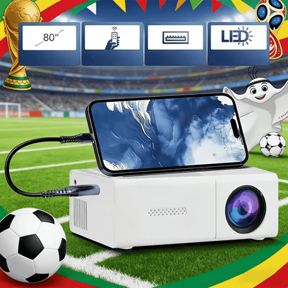 Portable mini projector featuring 720P HD resolution, USB connectivity, and a compact design, perfect for home entertainment and outdoor movie nights. 0