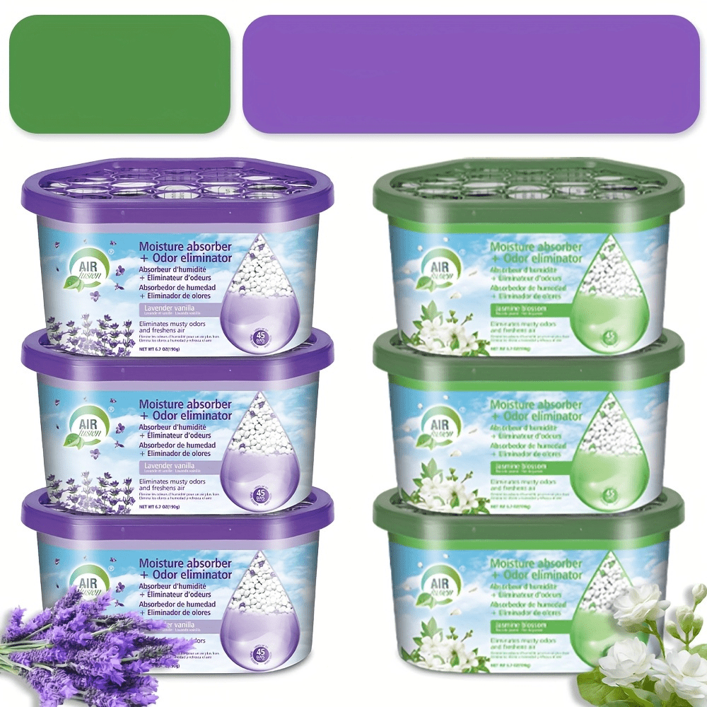 Portable moisture absorber dehumidifier boxes set designed for odor control, featuring a compact design ideal for use in closets, bathrooms, RVs, and kitchens 4