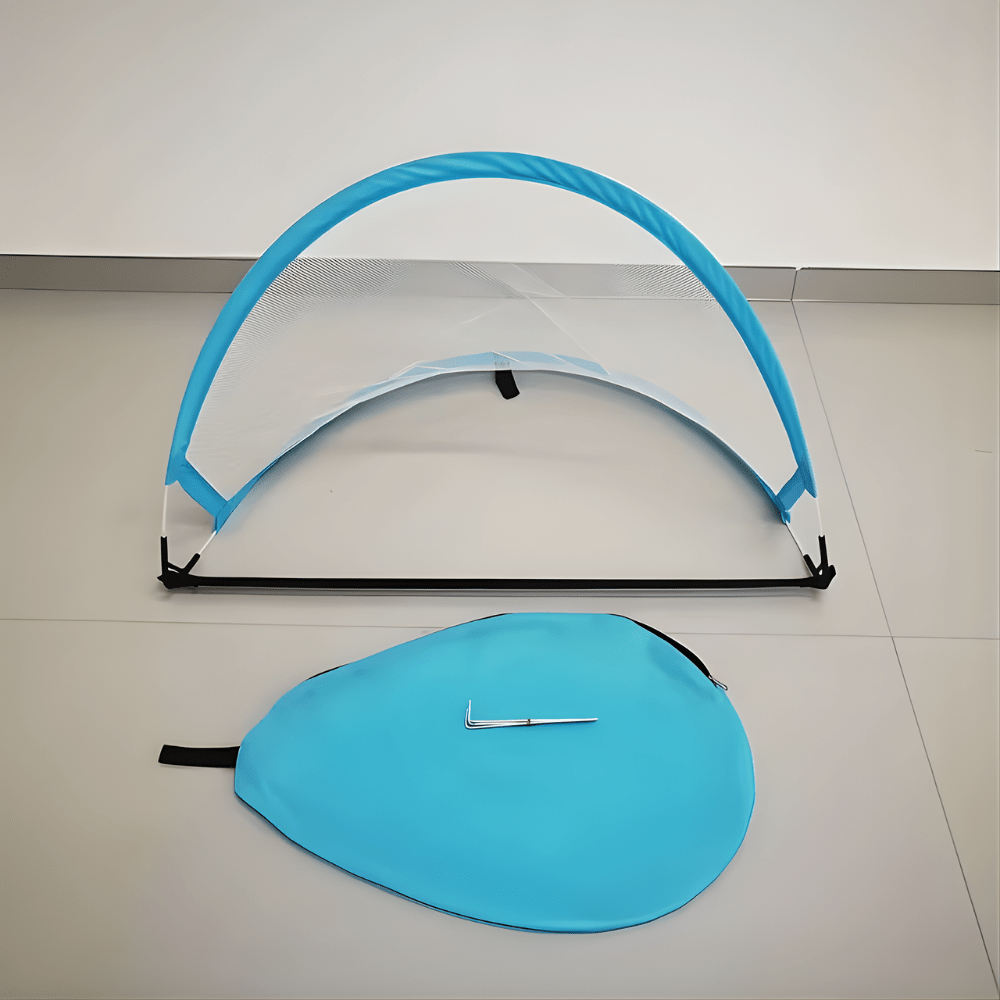 Portable pop up soccer goal designed for quick setup, featuring a durable polyester net, perfect for backyard training sessions. 4