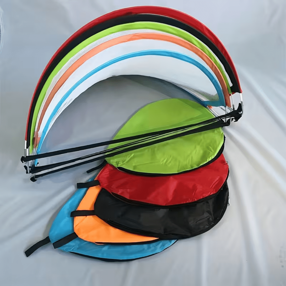 Portable pop up soccer goal designed for quick setup, featuring a durable polyester net, perfect for backyard training sessions. 6