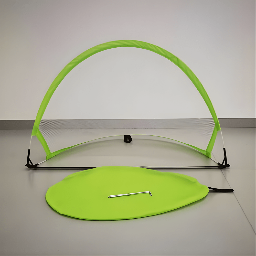 Portable pop up soccer goal designed for quick setup, featuring a durable polyester net, perfect for backyard training sessions. 3