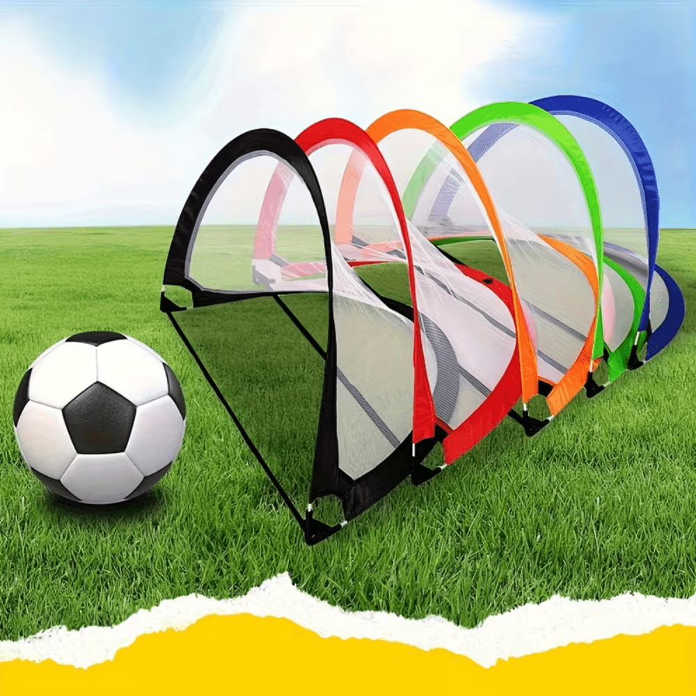 Portable pop up soccer goal designed for quick setup, featuring a durable polyester net, perfect for backyard training sessions. 5
