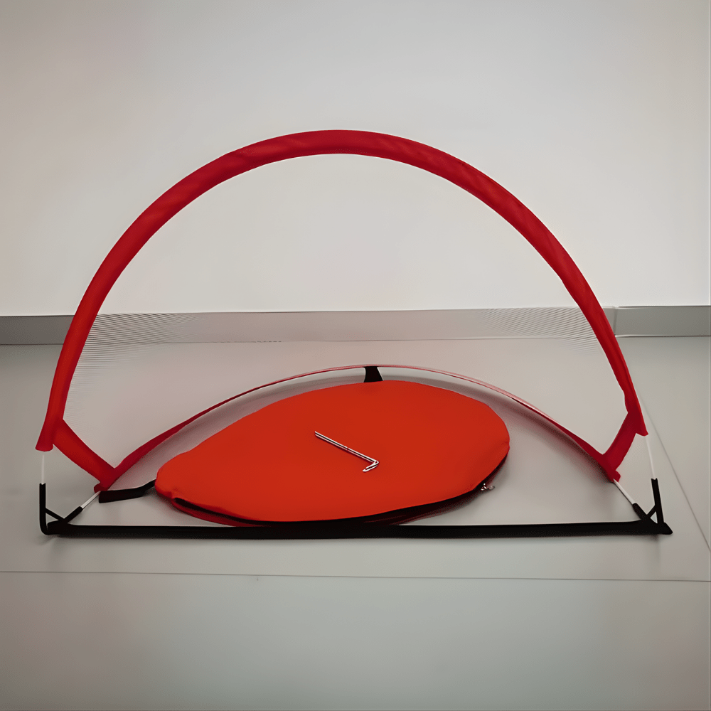 Portable pop up soccer goal designed for quick setup, featuring a durable polyester net, perfect for backyard training sessions. 1