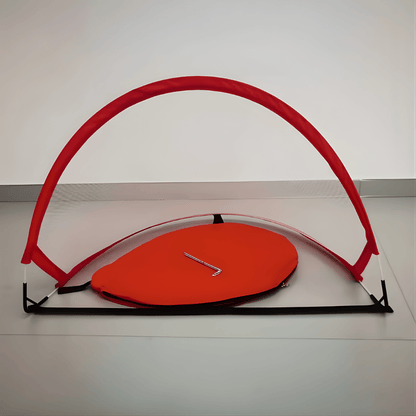Portable pop up soccer goal designed for quick setup, featuring a durable polyester net, perfect for backyard training sessions. 1