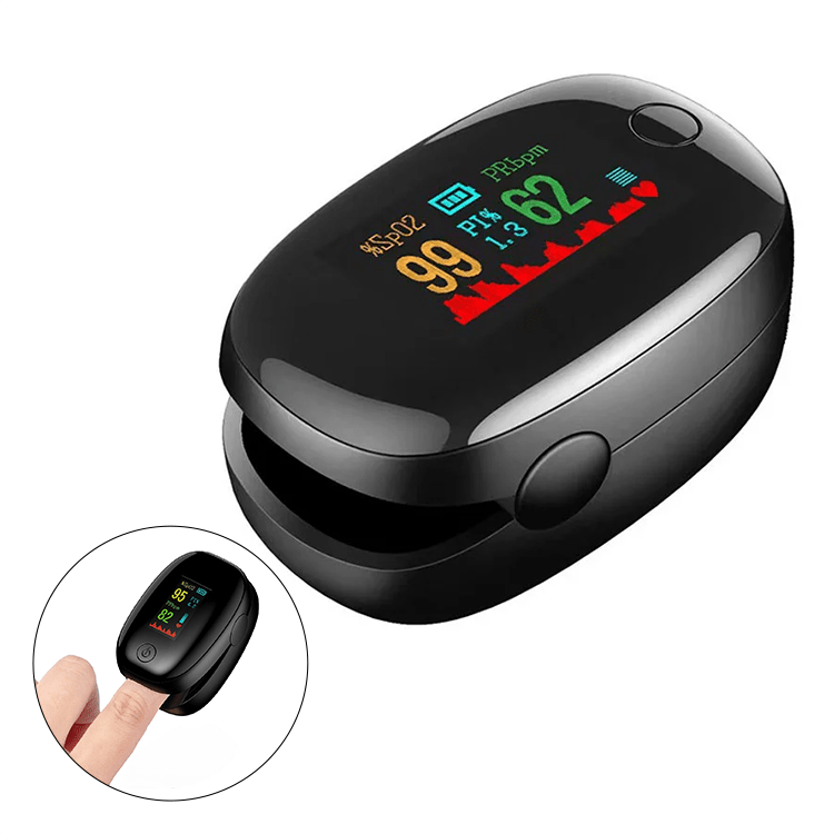 Portable pulse oximeter featuring an LED display for easy reading, designed for non-invasive monitoring of heart rate and oxygen saturation levels, with an auto shut 9