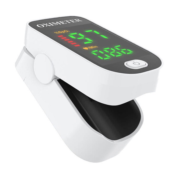 Portable pulse oximeter featuring an LED display for easy reading, designed for non-invasive monitoring of heart rate and oxygen saturation levels, with an auto shut 13