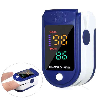 Portable pulse oximeter featuring an LED display for easy reading, designed for non-invasive monitoring of heart rate and oxygen saturation levels, with an auto shut 0