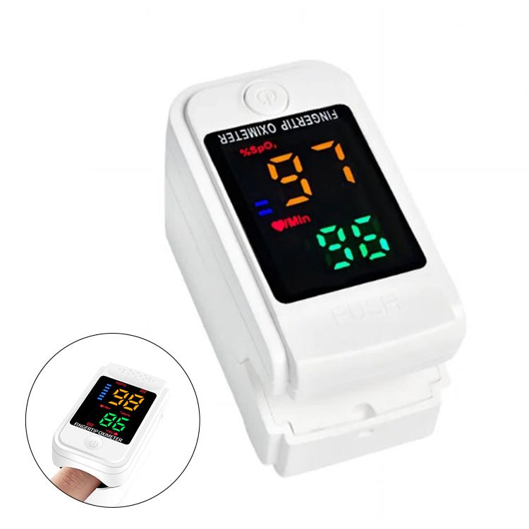 Portable pulse oximeter featuring an LED display for easy reading, designed for non-invasive monitoring of heart rate and oxygen saturation levels, with an auto shut 5