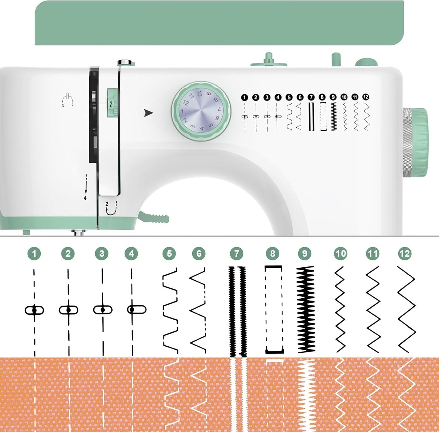 Portable sewing machine featuring 12 stitch patterns and an extension table, ideal for beginners looking to enhance their sewing skills. 2