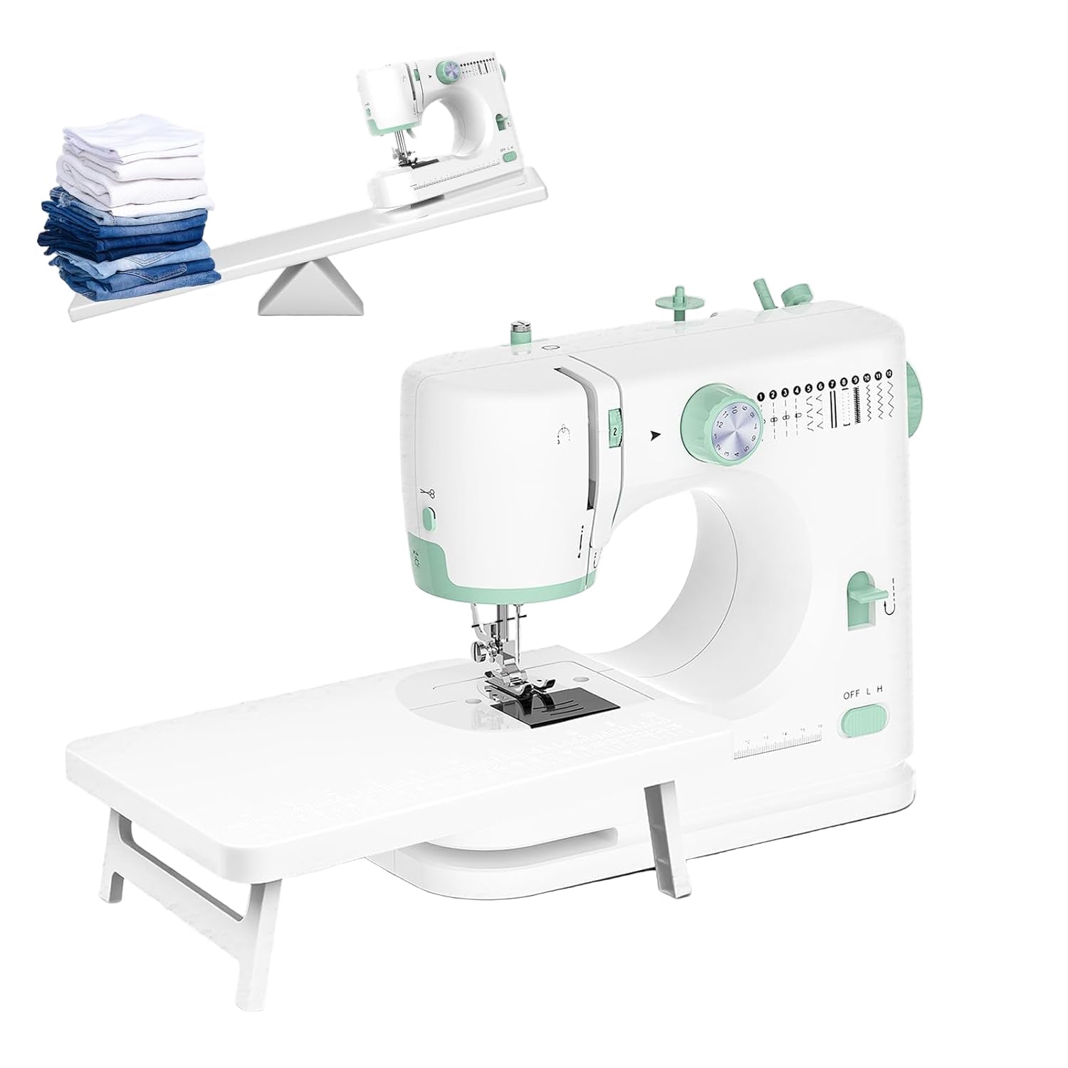 Portable sewing machine featuring 12 stitch patterns and an extension table, ideal for beginners looking to enhance their sewing skills. 1