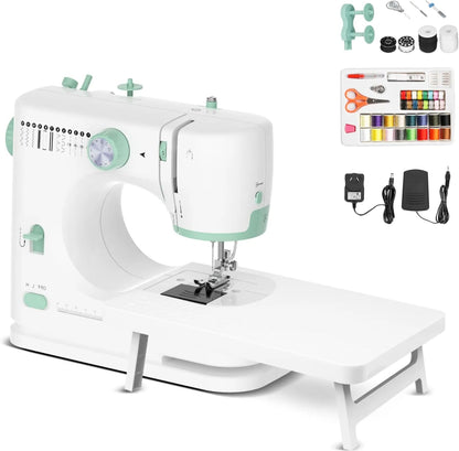 Portable sewing machine featuring 12 stitch patterns and an extension table, ideal for beginners looking to enhance their sewing skills. 0