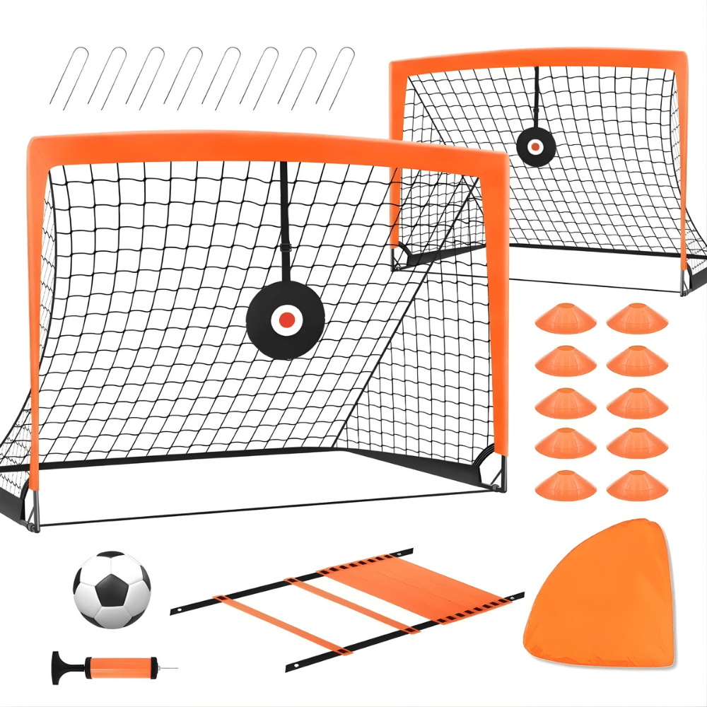 Portable soccer goal for kids featuring a reinforced steel frame and bright orange high-visibility design, perfect for outdoor training and practice sessions. 1