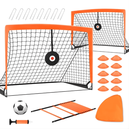 Portable soccer goal for kids featuring a reinforced steel frame and bright orange high-visibility design, perfect for outdoor training and practice sessions. 1