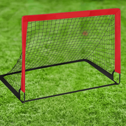 Portable soccer goal net featuring a foldable design for easy setup and storage, ideal for backyard practice, available in orange, red, or black. 1