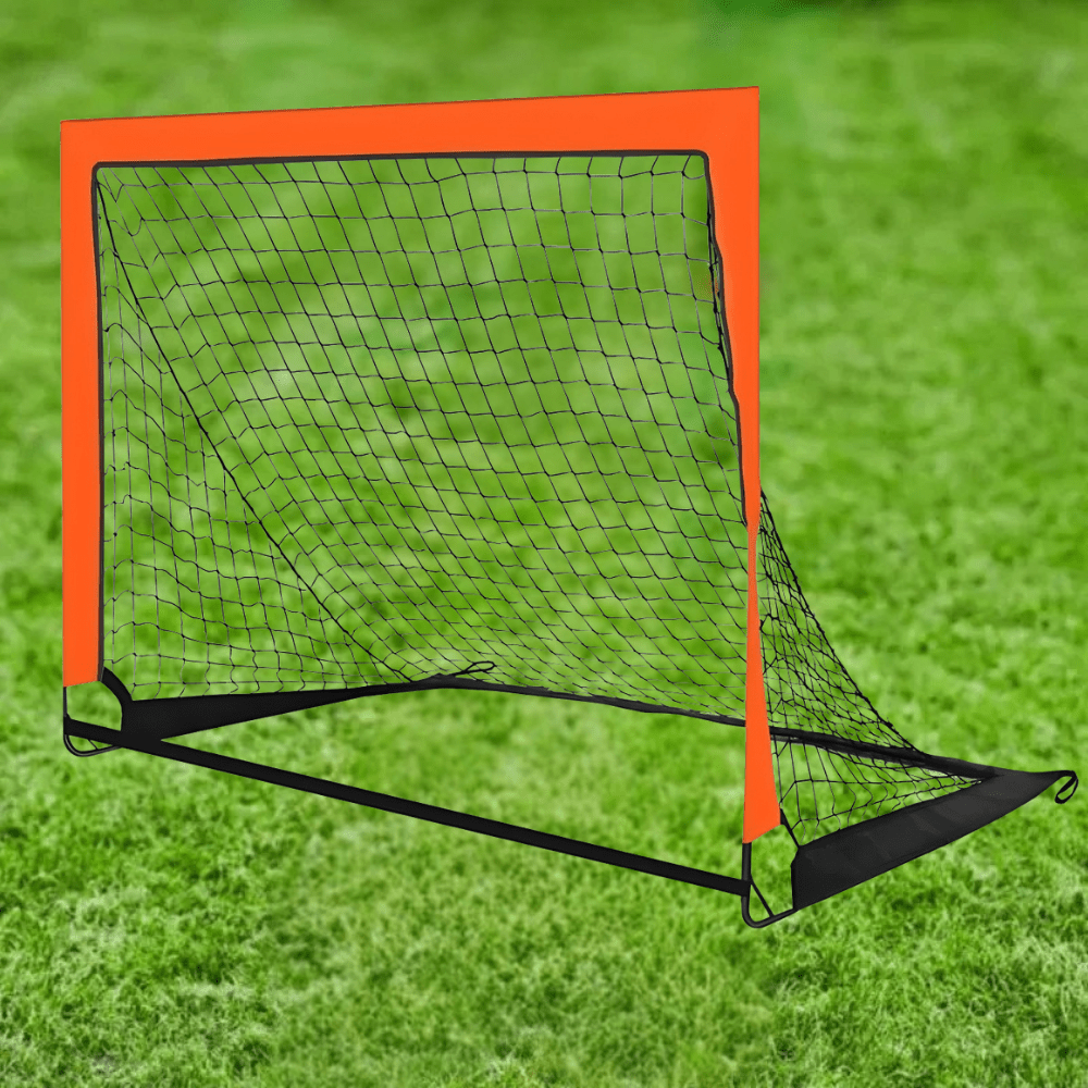 Portable soccer goal net featuring a foldable design for easy setup and storage, ideal for backyard practice, available in orange, red, or black. 0