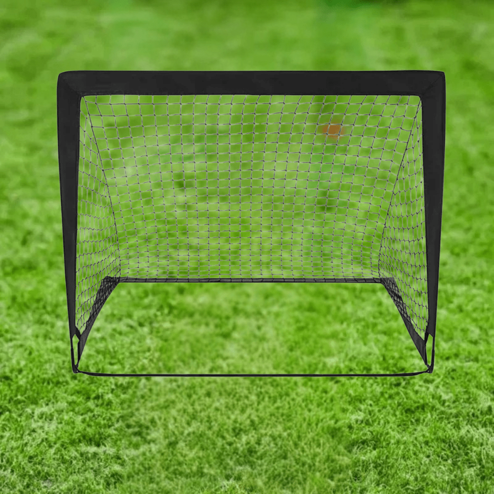 Portable soccer goal net featuring a foldable design for easy setup and storage, ideal for backyard practice, available in orange, red, or black. 2