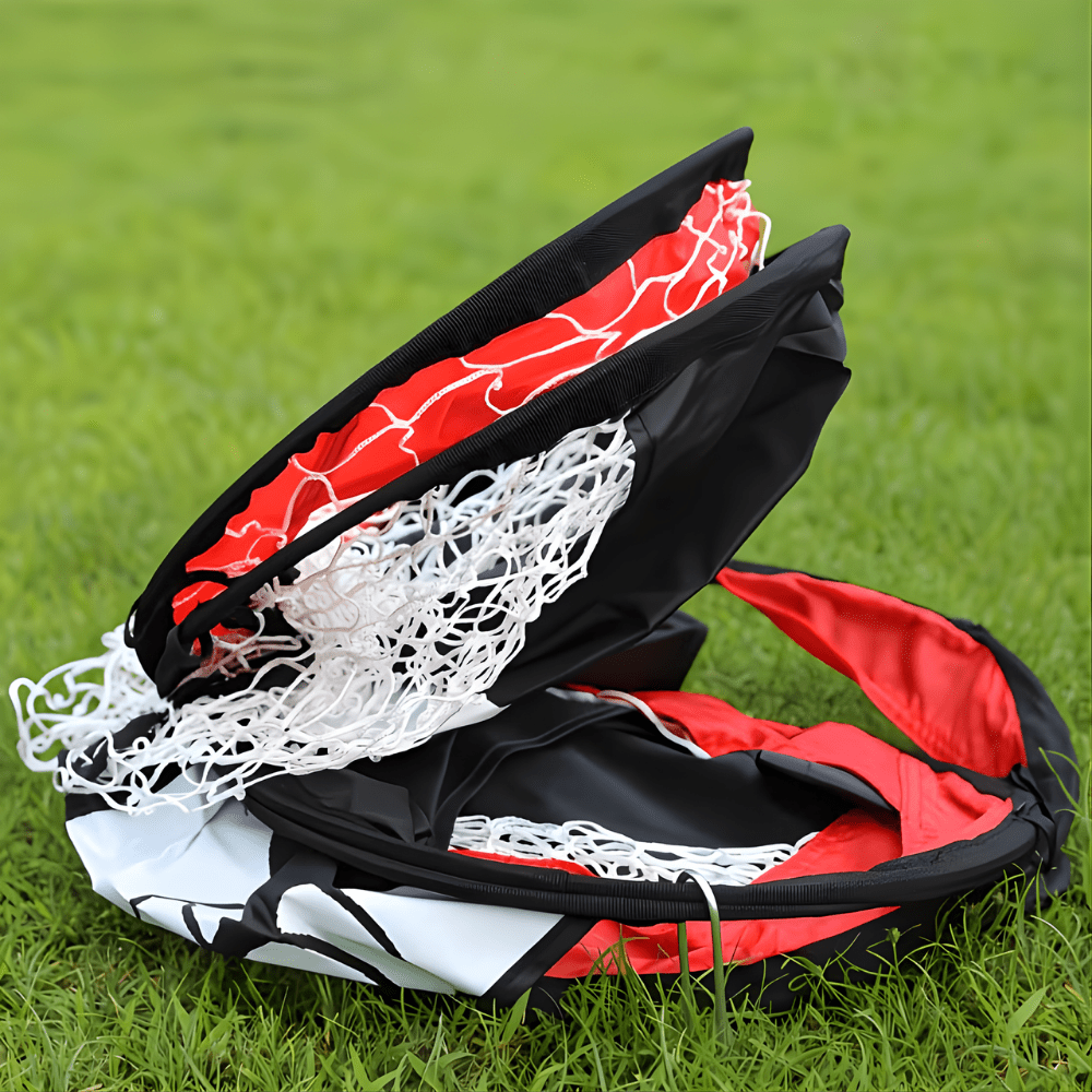Portable soccer goal featuring a target cloth for outdoor training, designed with a folding mechanism, made of durable Oxford fabric, and measuring 120 x 80 1