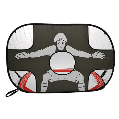 Portable soccer goal featuring a target cloth for outdoor training, designed with a folding mechanism, made of durable Oxford fabric, and measuring 120 x 80 2