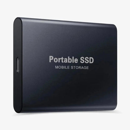 Portable SSD with USB-C connection featuring durable aluminum housing, ideal for fast storage solutions for work and travel. 2