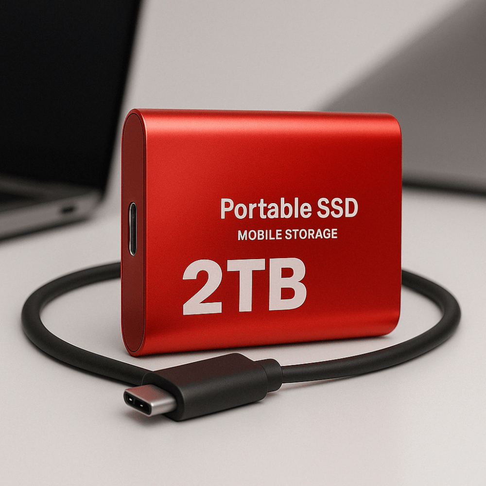 Portable SSD with USB C interface, featuring a sleek design and high-speed performance, ideal for external data backup and storage solutions. 2
