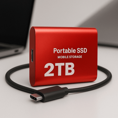 Portable SSD with USB C interface, featuring a sleek design and high-speed performance, ideal for external data backup and storage solutions. 2