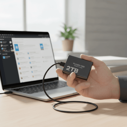 Portable SSD with USB C interface, featuring a sleek design and high-speed performance, ideal for external data backup and storage solutions. 0