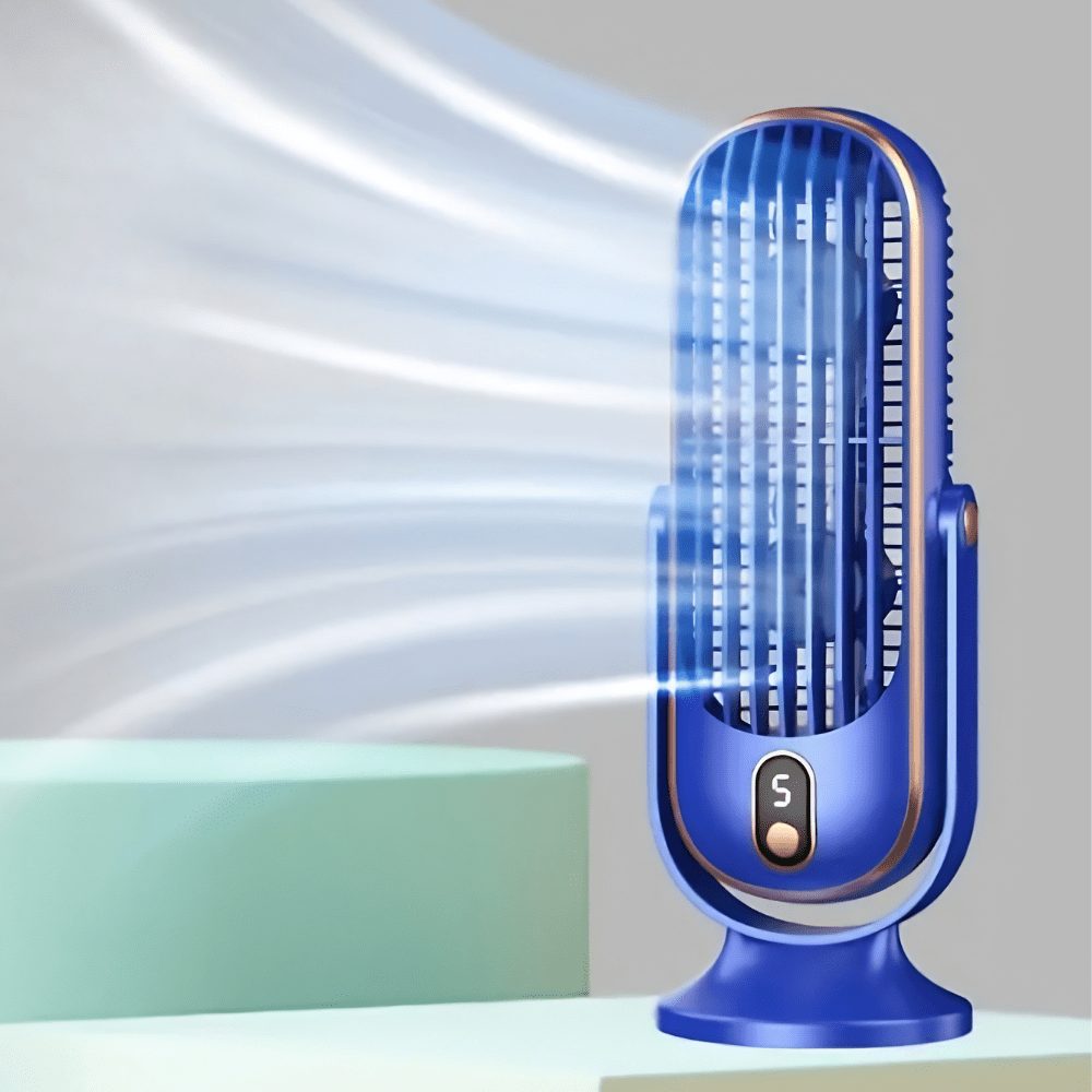 Portable tower fan with a rechargeable battery, designed for evaporative cooling and perfect for desktop use, featuring a sleek design and adjustable settings for personalized comfort. 5