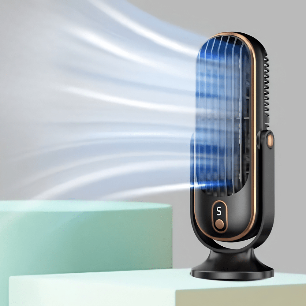 Portable tower fan with a rechargeable battery, designed for evaporative cooling and perfect for desktop use, featuring a sleek design and adjustable settings for personalized comfort. 6