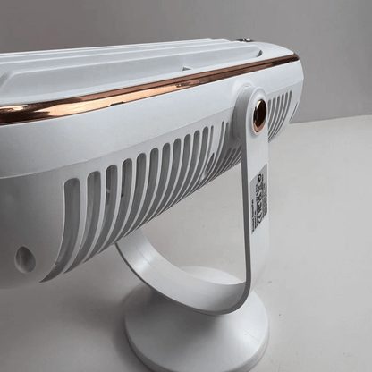 Portable tower fan with a rechargeable battery, designed for evaporative cooling and perfect for desktop use, featuring a sleek design and adjustable settings for personalized comfort. 3