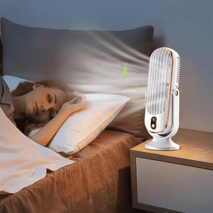 Portable tower fan with a rechargeable battery, designed for evaporative cooling and perfect for desktop use, featuring a sleek design and adjustable settings for personalized comfort. 2
