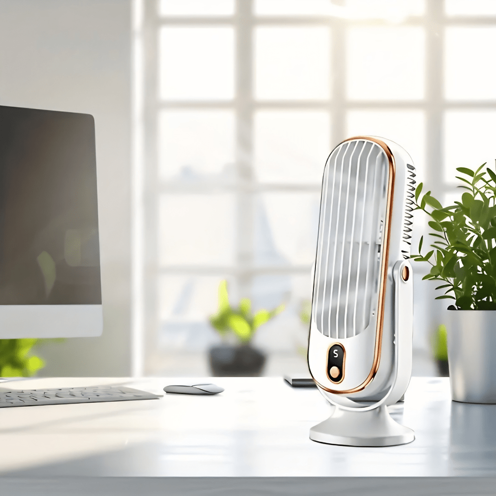 Portable tower fan with a rechargeable battery, designed for evaporative cooling and perfect for desktop use, featuring a sleek design and adjustable settings for personalized comfort. 1