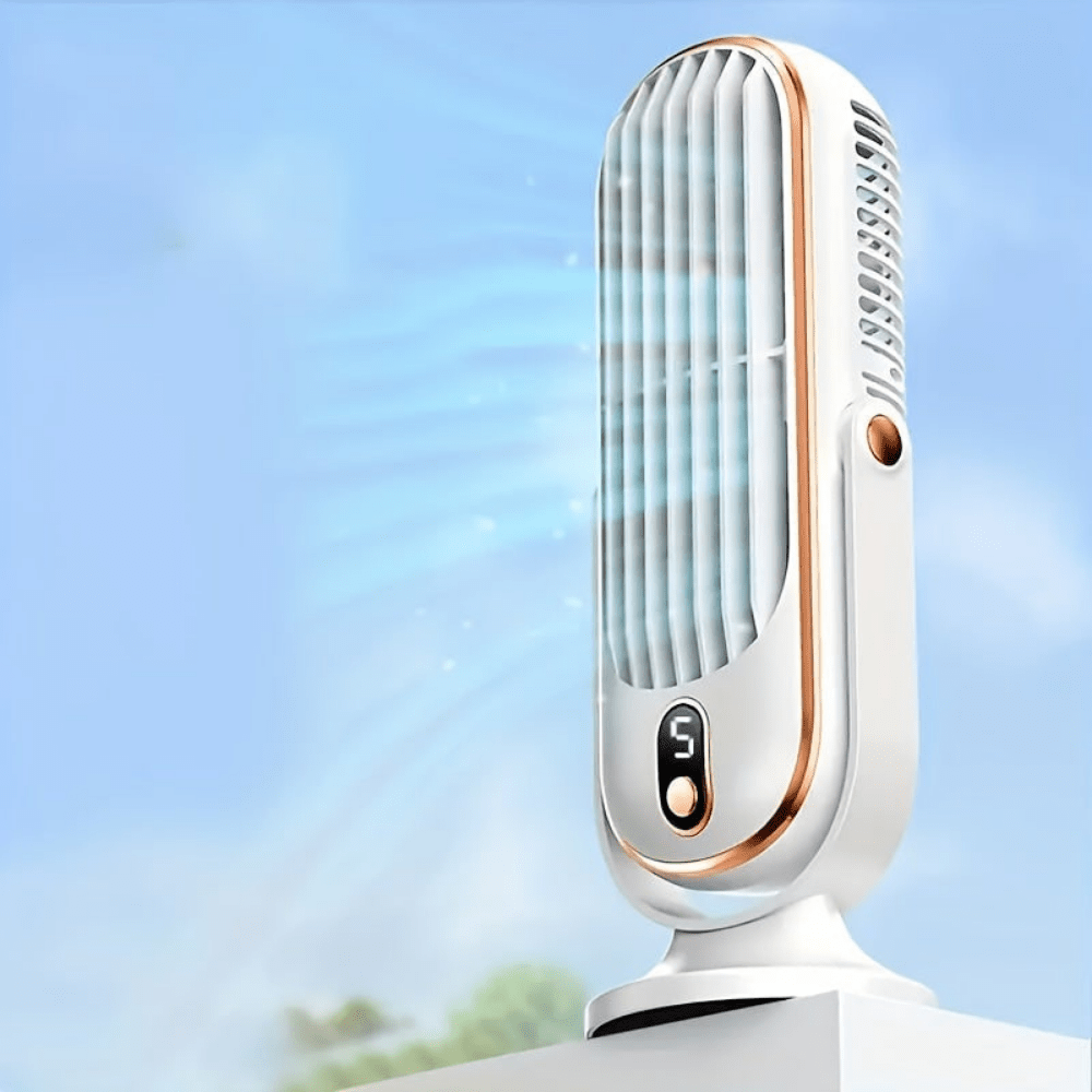 Portable tower fan with a rechargeable battery, designed for evaporative cooling and perfect for desktop use, featuring a sleek design and adjustable settings for personalized comfort. 0