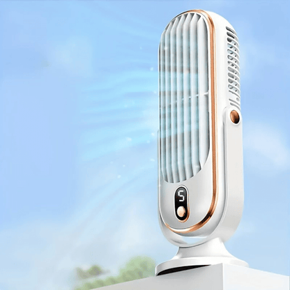Portable tower fan with a rechargeable battery, designed for evaporative cooling and perfect for desktop use, featuring a sleek design and adjustable settings for personalized comfort. 0