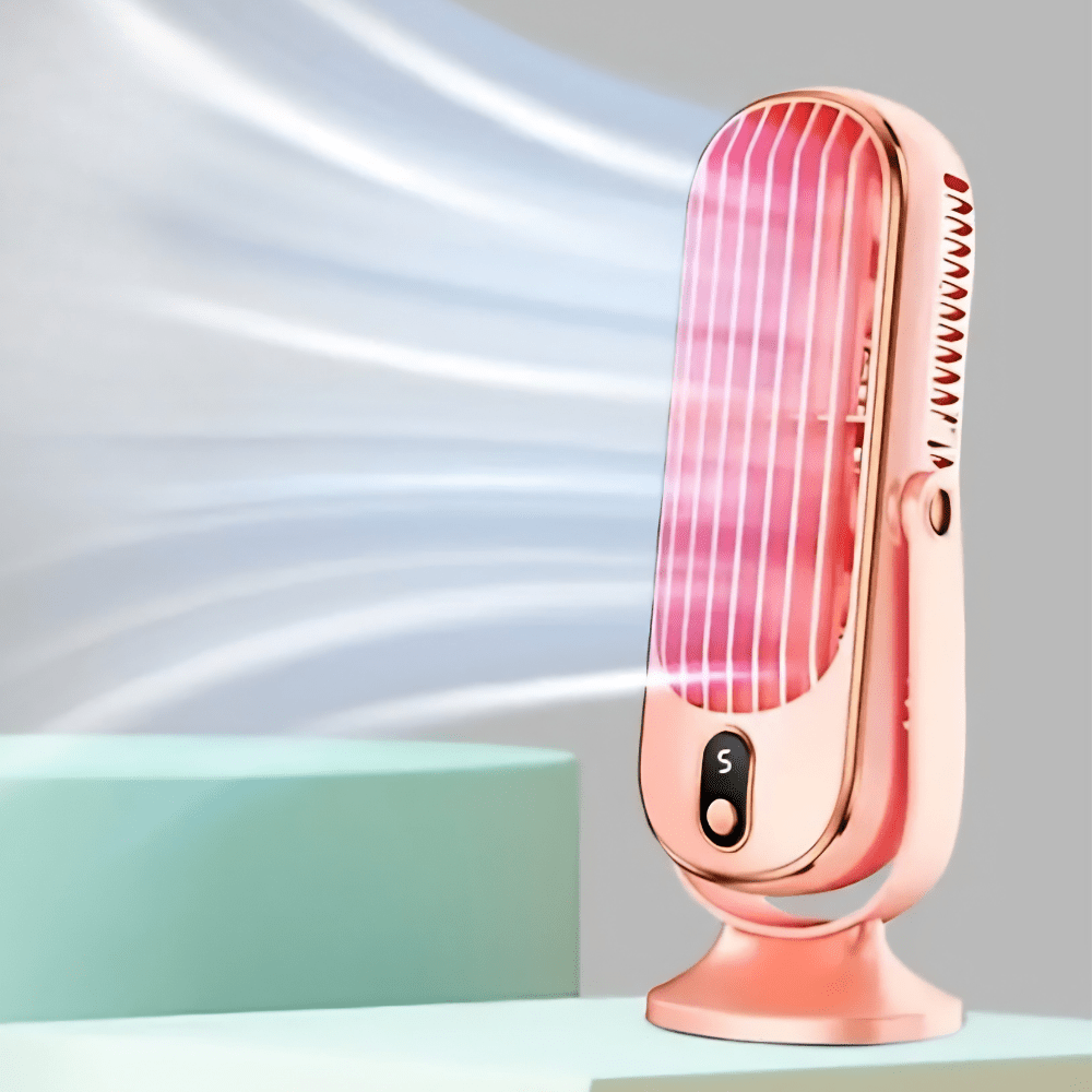 Portable tower fan with a rechargeable battery, designed for evaporative cooling and perfect for desktop use, featuring a sleek design and adjustable settings for personalized comfort. 4