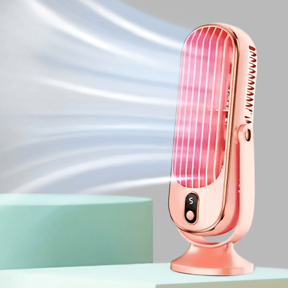 Portable tower fan with a rechargeable battery, designed for evaporative cooling and perfect for desktop use, featuring a sleek design and adjustable settings for personalized comfort. 4